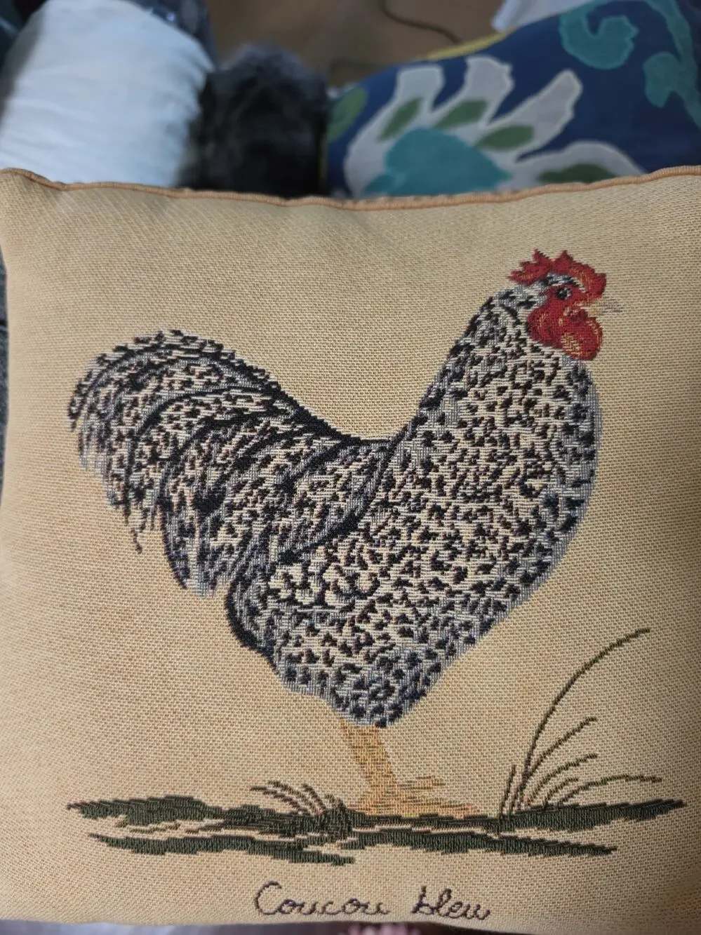 Rooster Needlepoint Pillow French Country 12x12 Beige Colors Farmhouse France